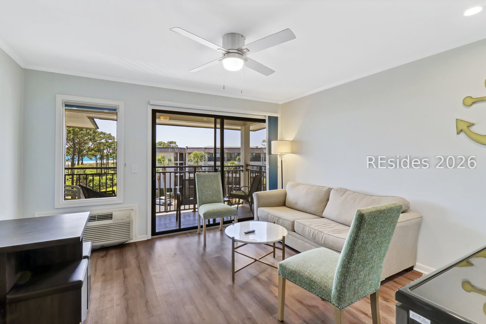 Sliding doors open to the balcony
